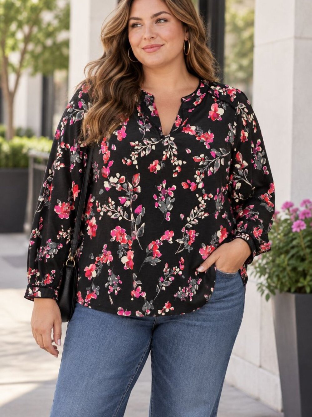 J. Jill Floral Boho Blouse NWT XL Black Pink Long Sleeve Top